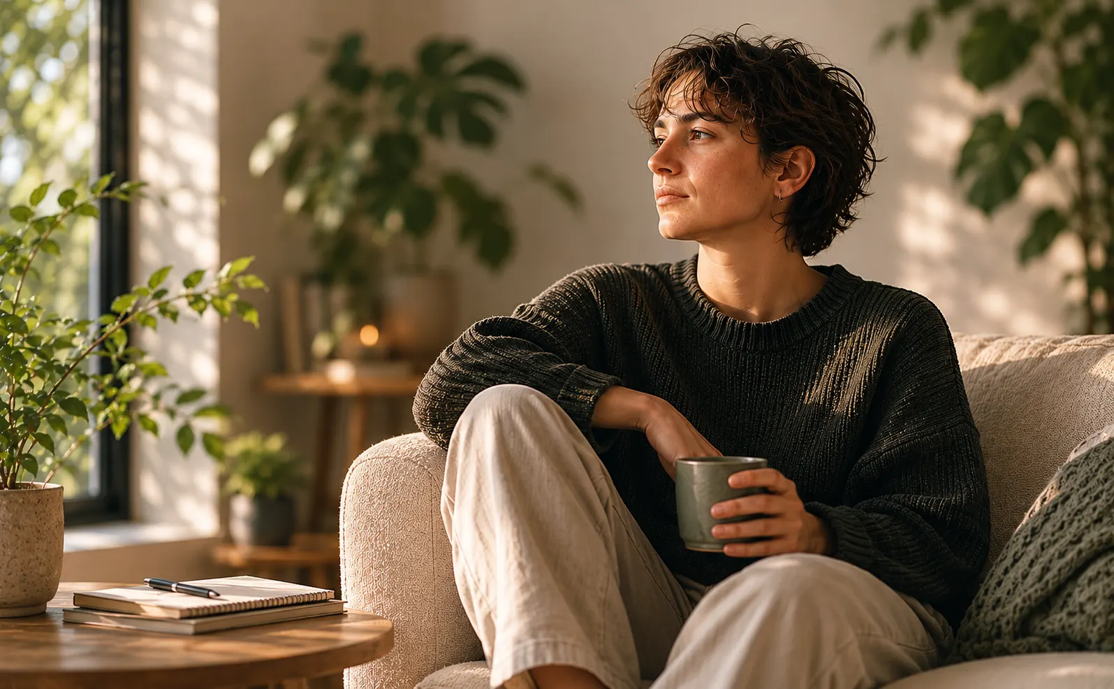 A person sitting calmly at home in warm natural light, holding a mug and looking out the window, settled and thinking things through.
