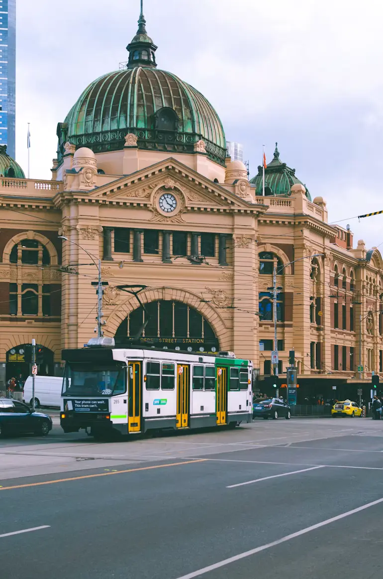 Flinders Street Station and a Melbourne tram, morning light