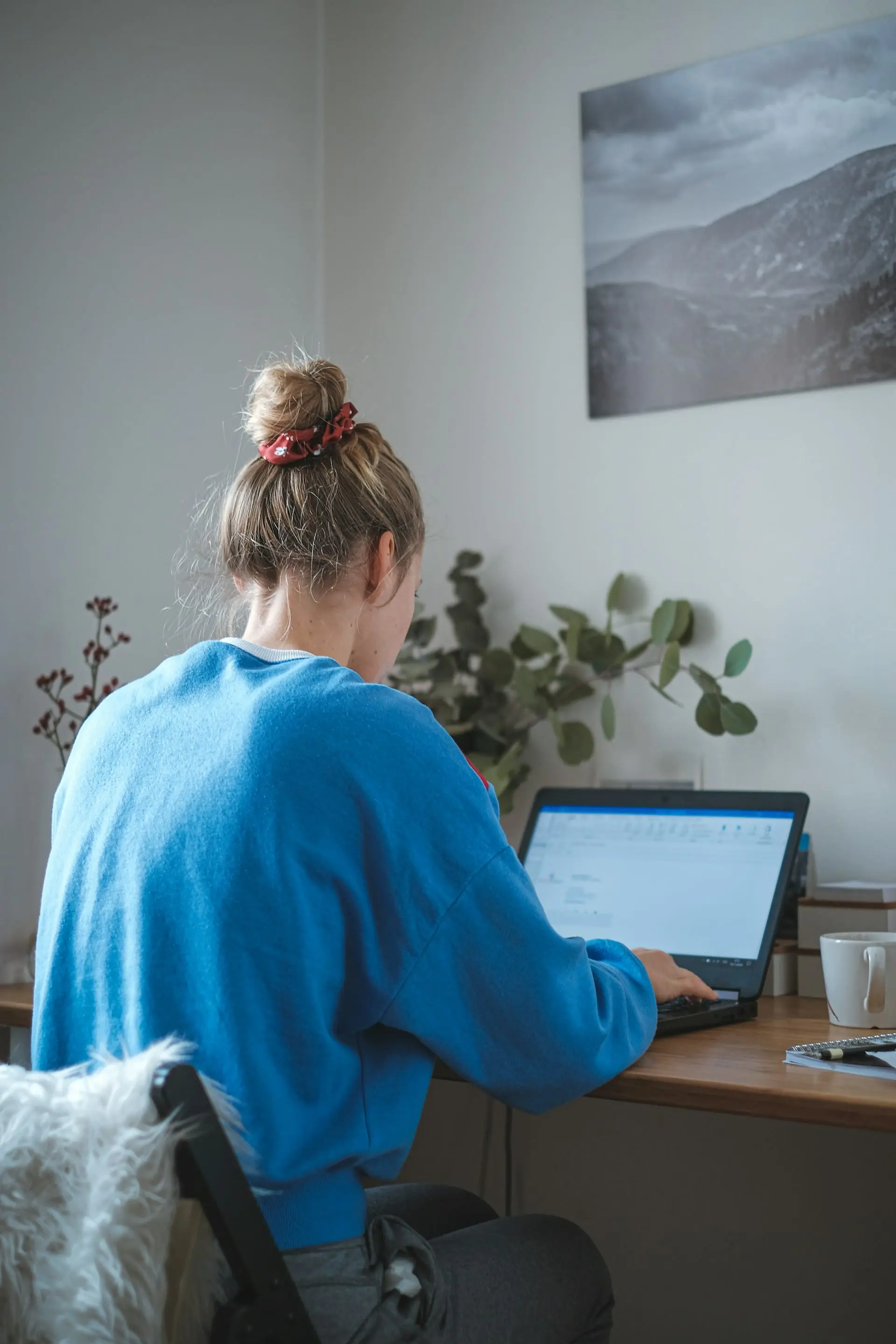 A person seated at a desk at home using a laptop, a mug beside them